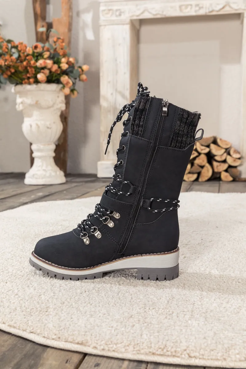 Black Ribbed-Cuff Buckle-Strap Boot