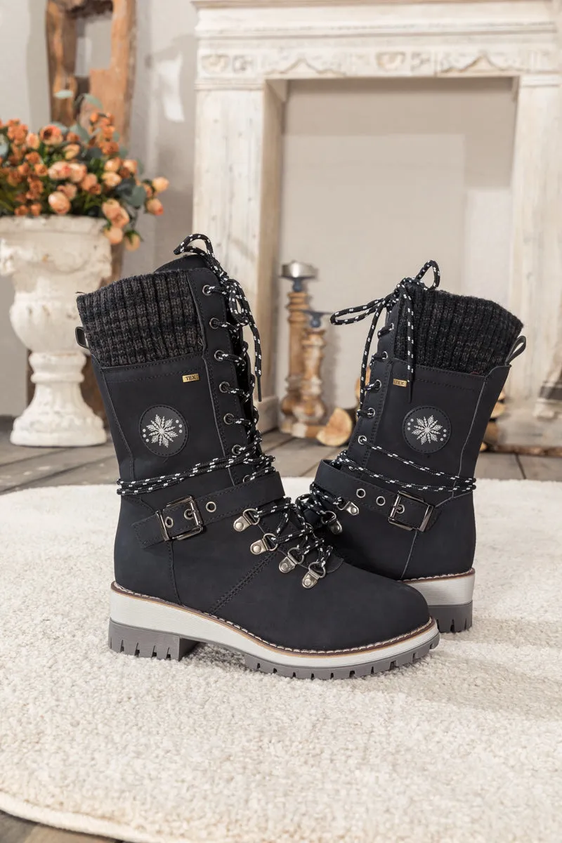 Black Ribbed-Cuff Buckle-Strap Boot