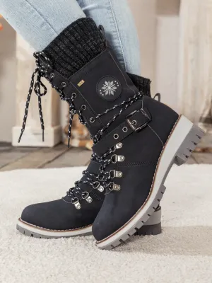 Black Ribbed-Cuff Buckle-Strap Boot