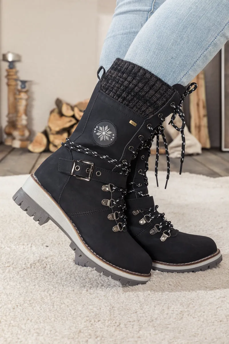 Black Ribbed-Cuff Buckle-Strap Boot