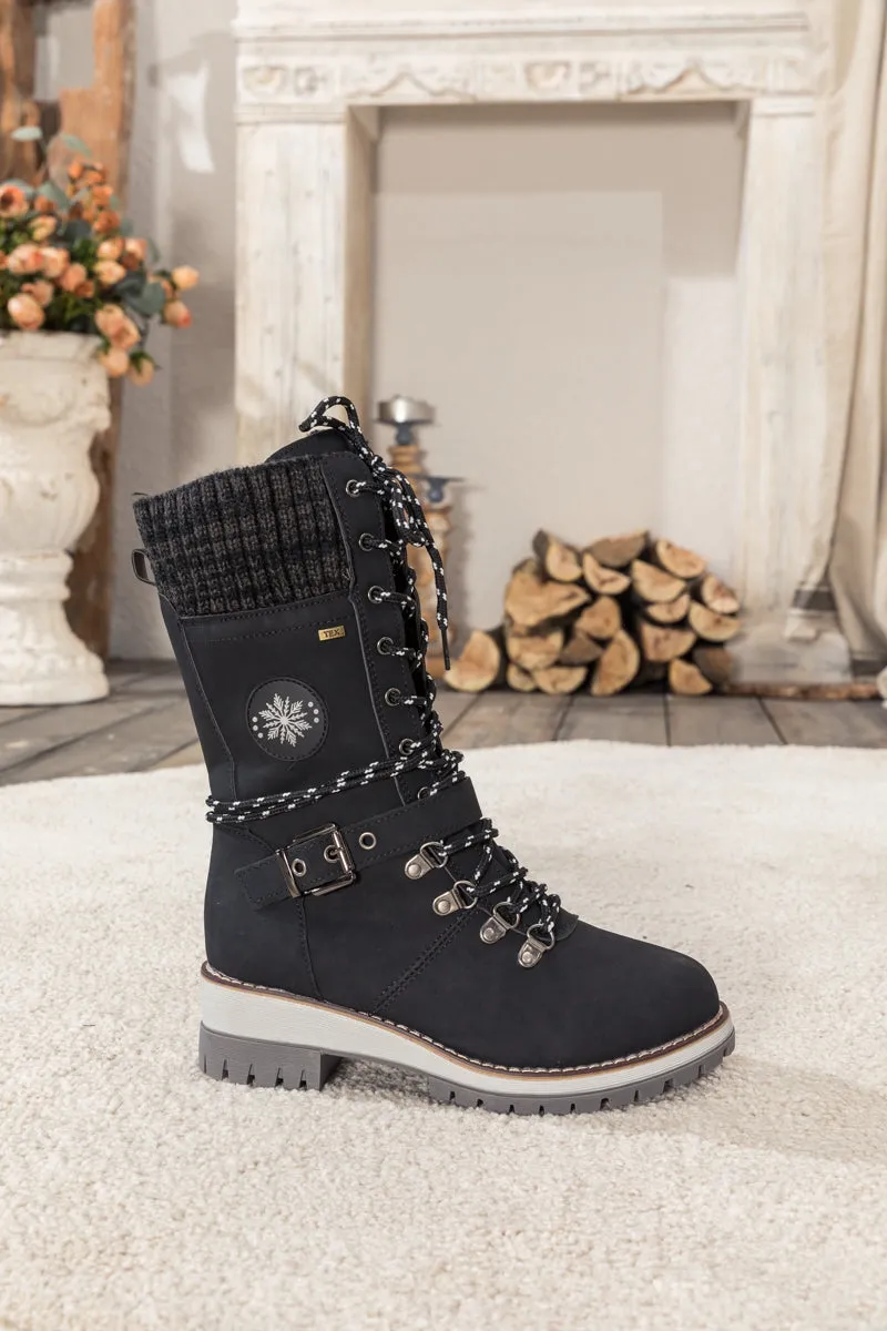 Black Ribbed-Cuff Buckle-Strap Boot
