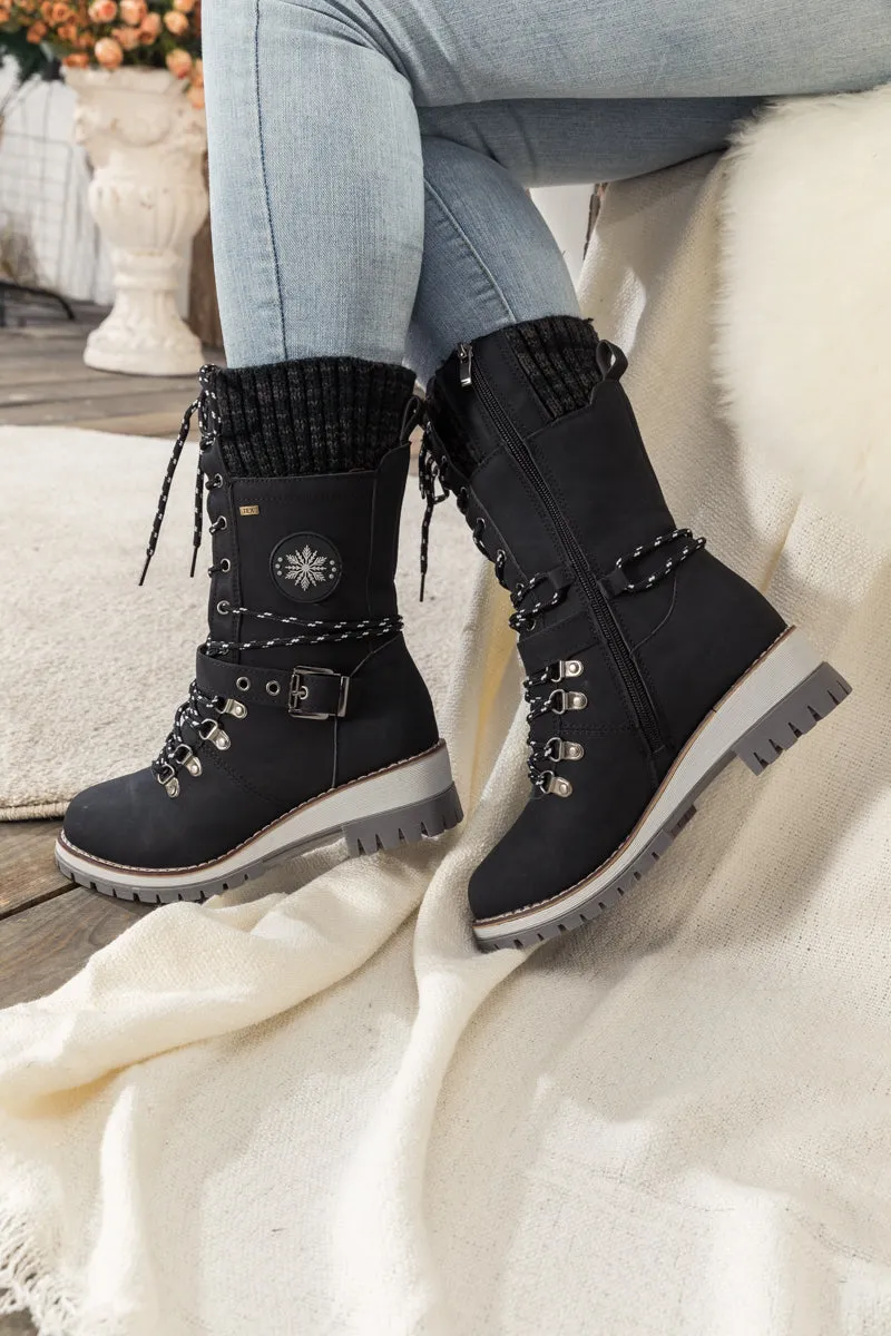 Black Ribbed-Cuff Buckle-Strap Boot