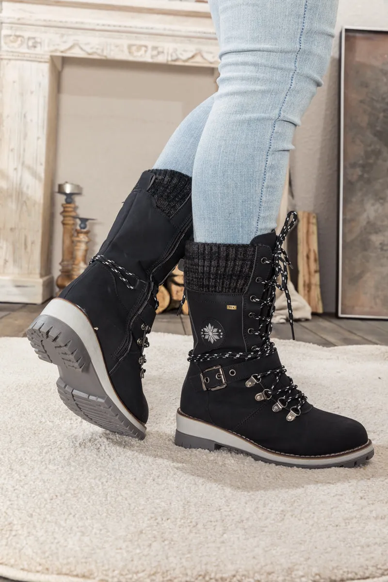 Black Ribbed-Cuff Buckle-Strap Boot