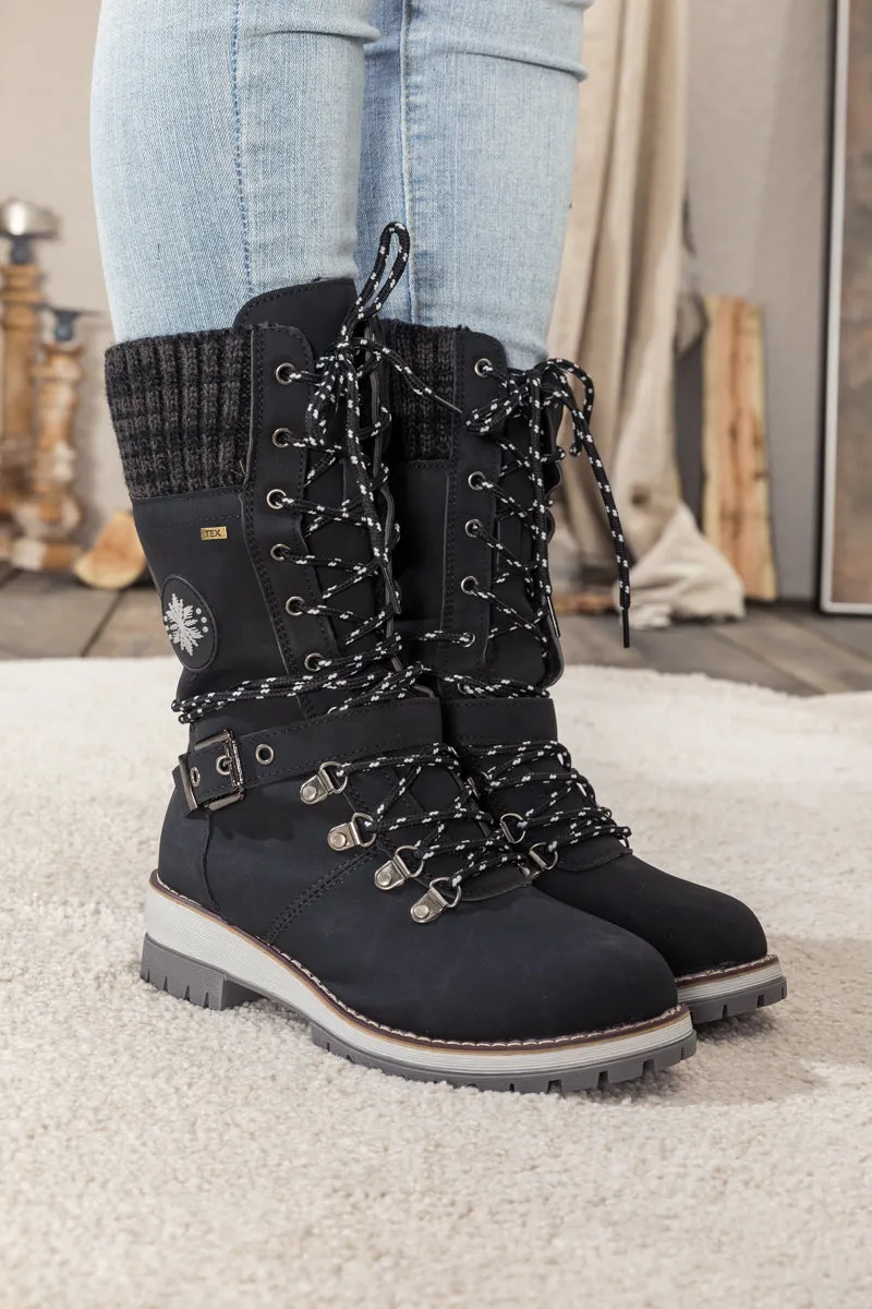 Black Ribbed-Cuff Buckle-Strap Boot