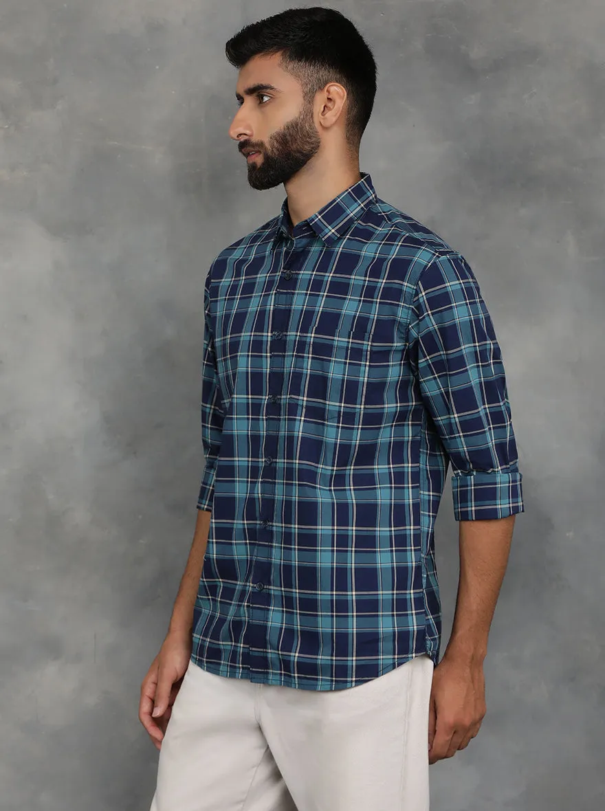 Blue Checked Slim Fit Casual Shirt | GreenFibre