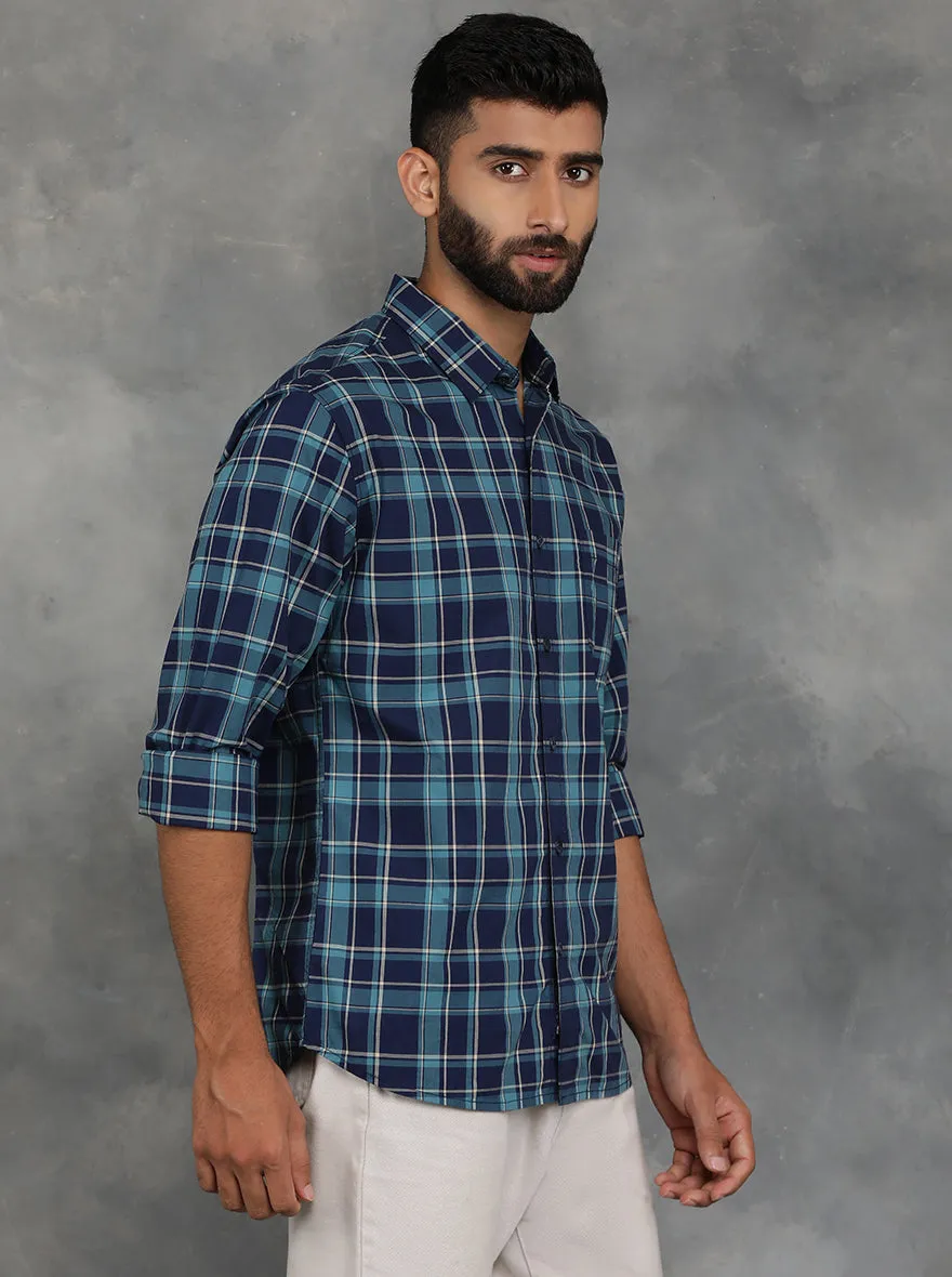 Blue Checked Slim Fit Casual Shirt | GreenFibre