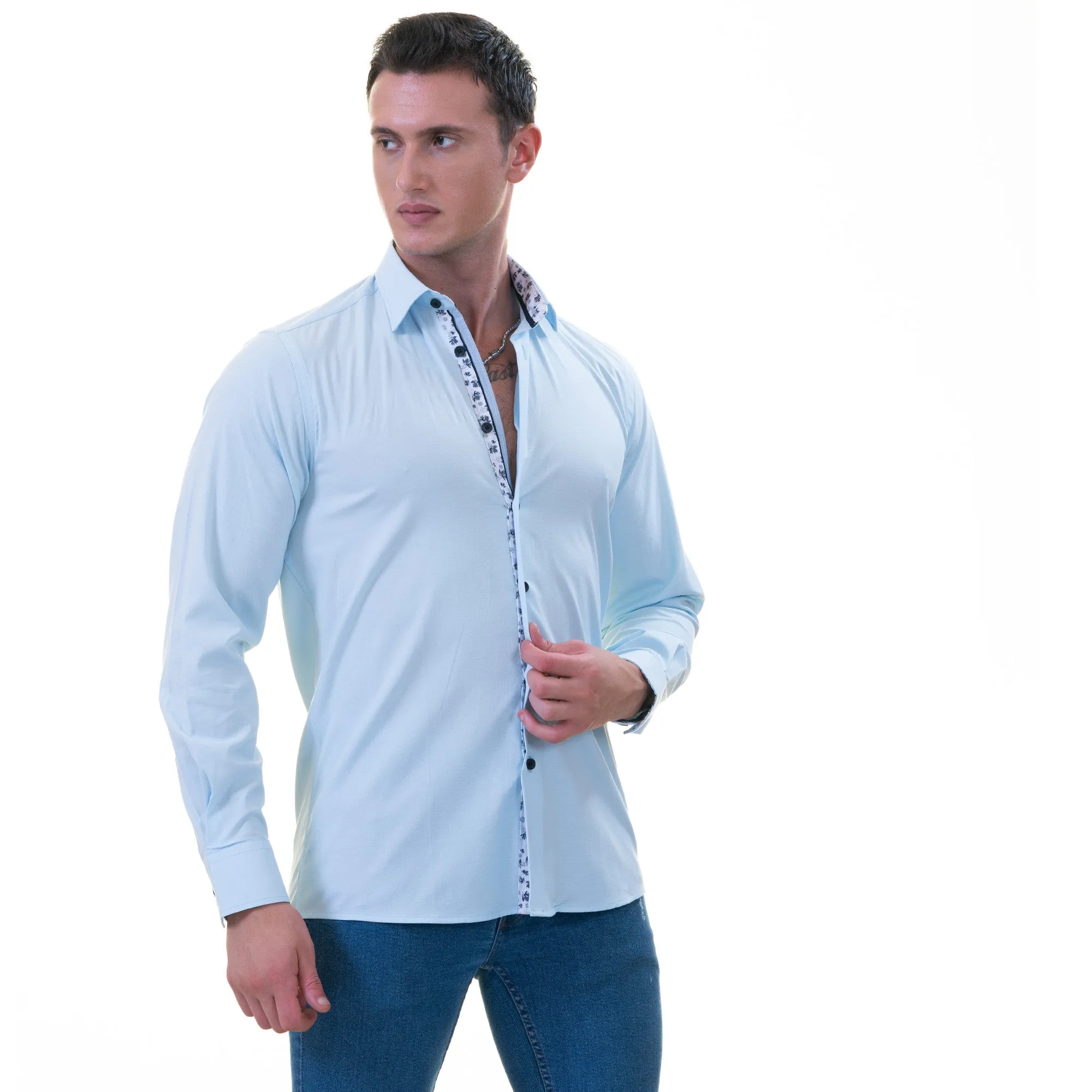 Blue inside Printed Men's Slim Fit Designer French Cuff Shirt -