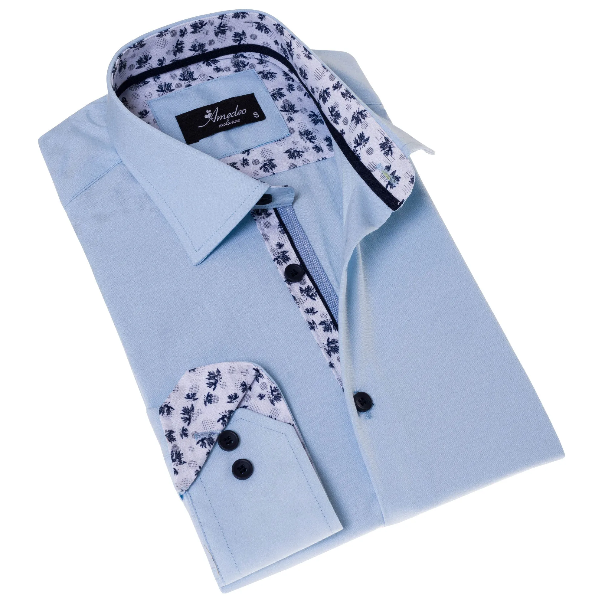 Blue inside Printed Men's Slim Fit Designer French Cuff Shirt -