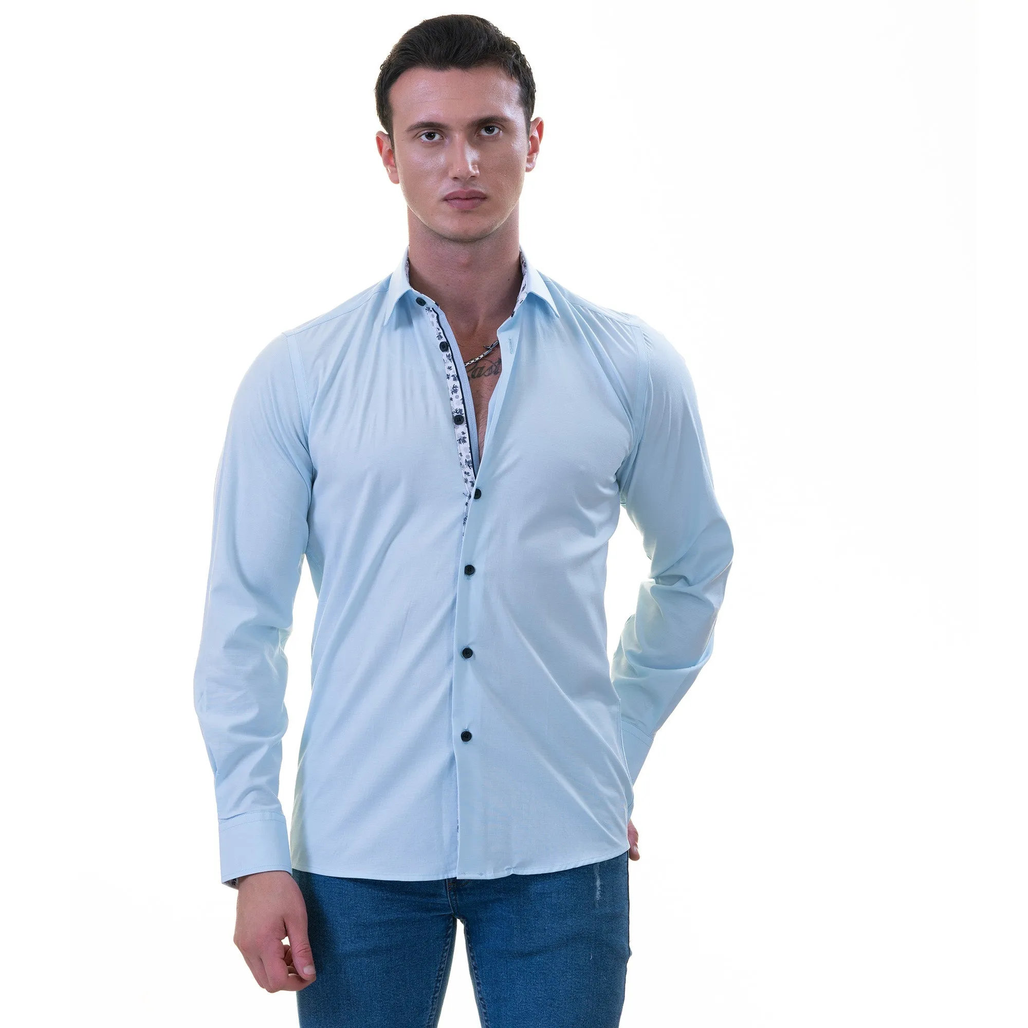 Blue inside Printed Men's Slim Fit Designer French Cuff Shirt -