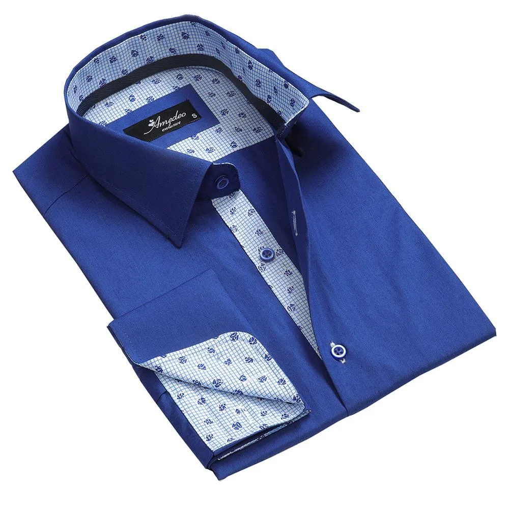 Blue Mens Slim Fit French Cuff Shirts with Cufflink Holes - Casual and Formal