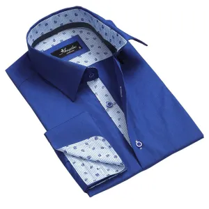 Blue Mens Slim Fit French Cuff Shirts with Cufflink Holes - Casual and Formal