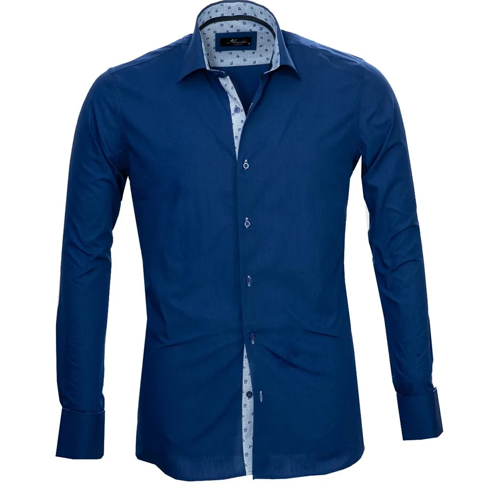 Blue Mens Slim Fit French Cuff Shirts with Cufflink Holes - Casual and Formal