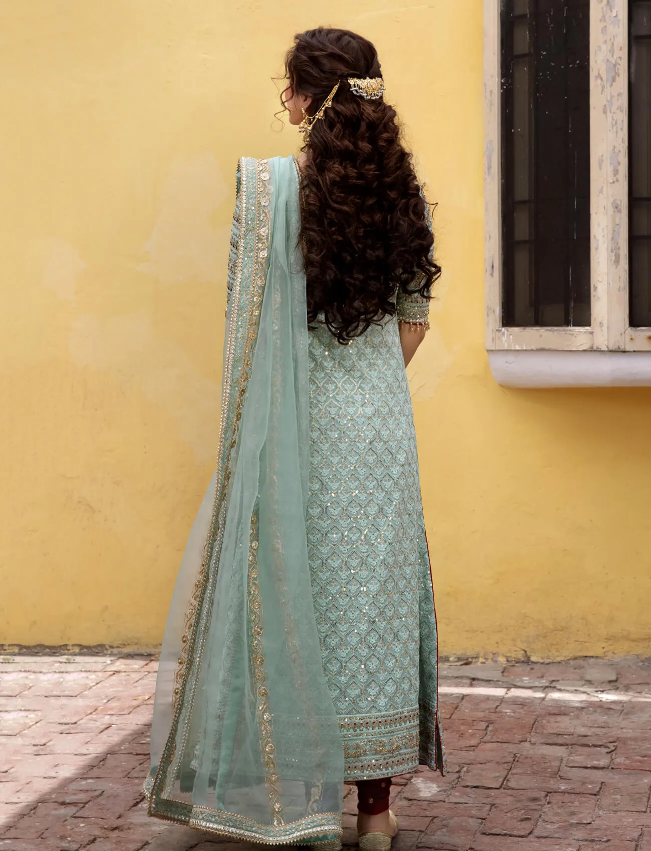 Blue Pakistani Party Dress In Long Kameez Churidar Style
