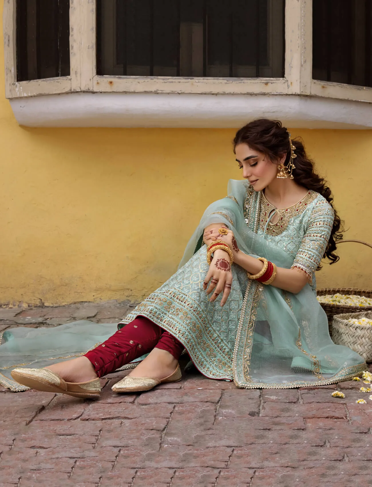 Blue Pakistani Party Dress In Long Kameez Churidar Style