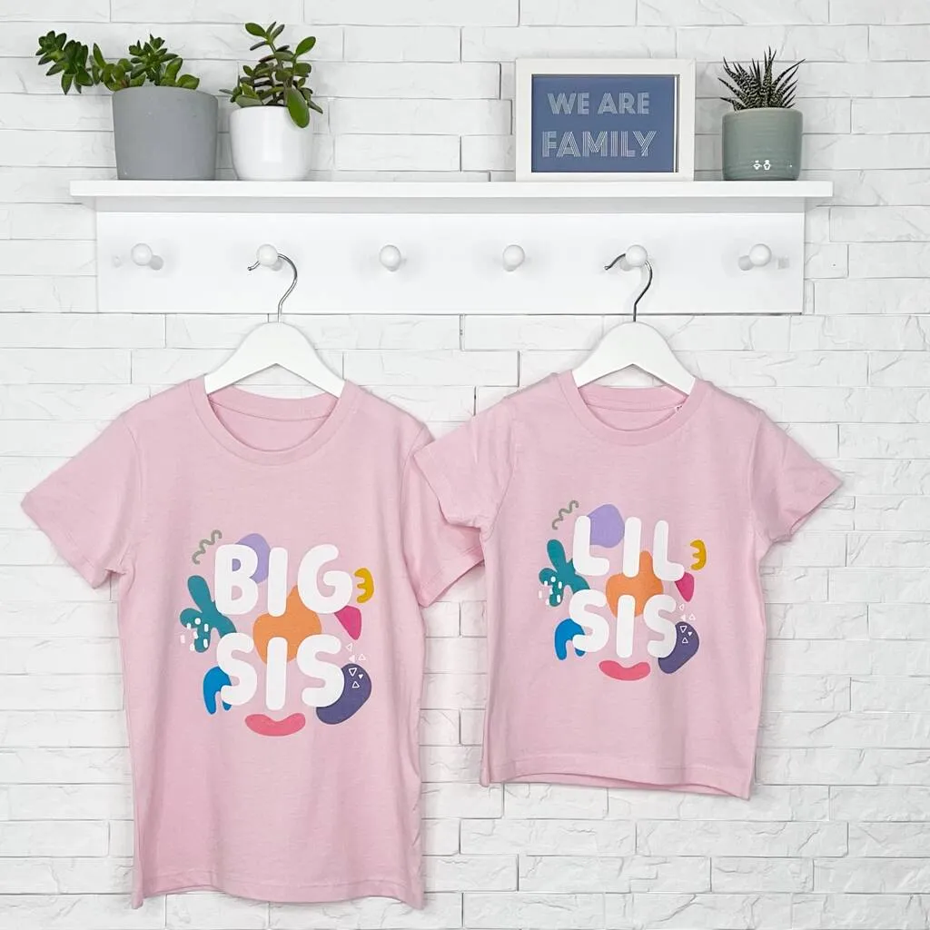 Bright Abstract Big Sis Lil Sis Pink T Shirt Set