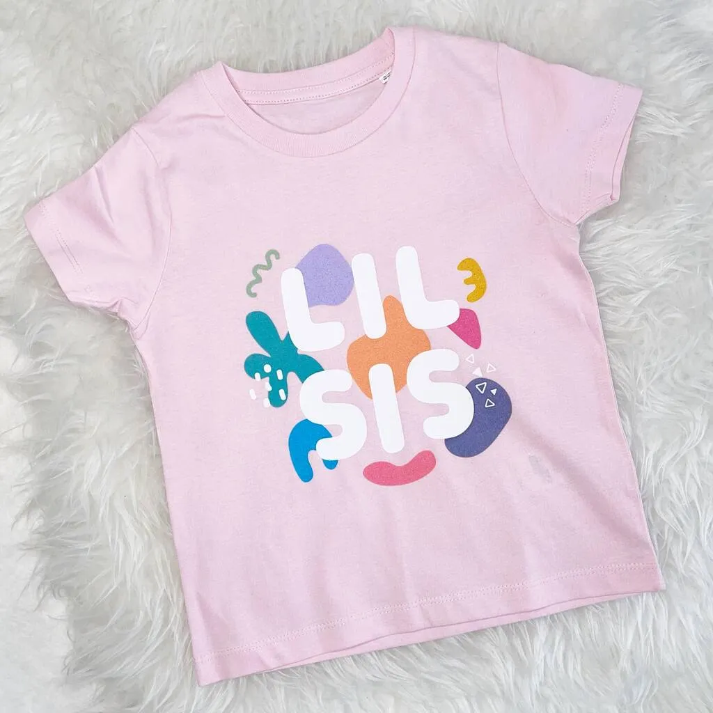 Bright Abstract Big Sis Lil Sis Pink T Shirt Set