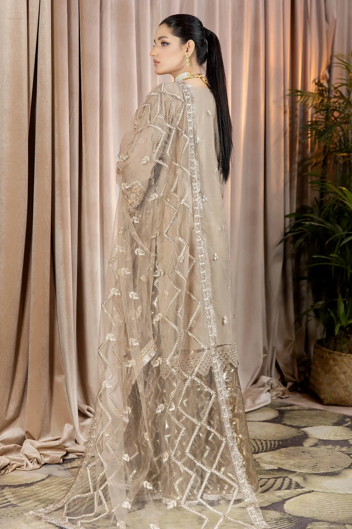 Brown Heavily Embellished Kameez with Sharara Pakistani Party Dress