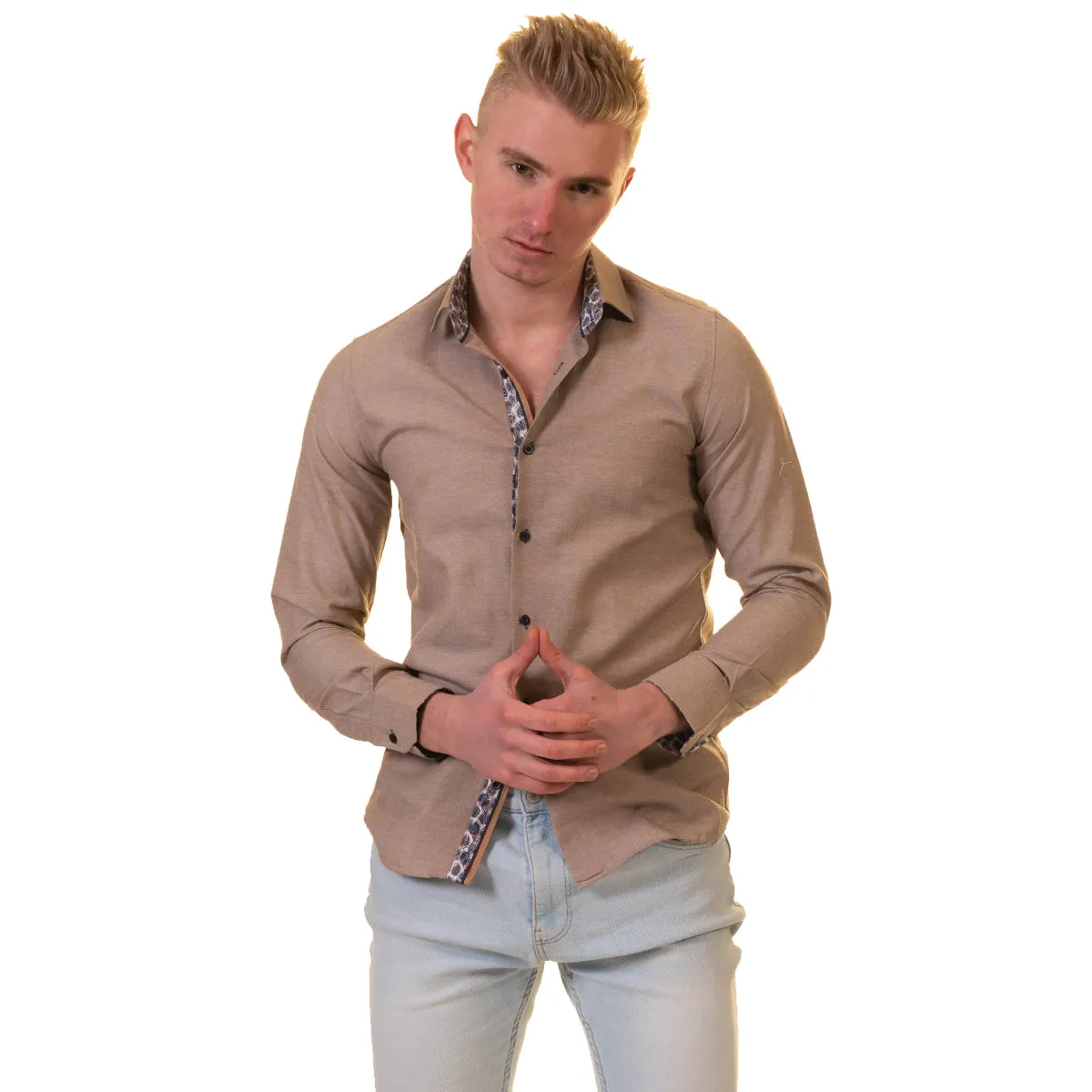 Brown Mens Slim Fit Designer Dress Shirt - tailored Cotton Shirts for Work