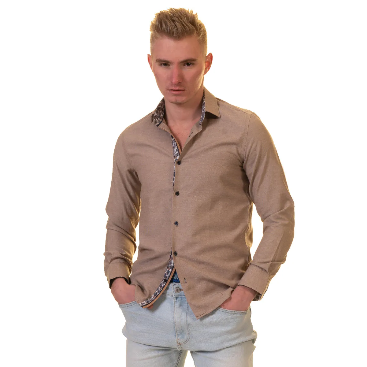 Brown Mens Slim Fit Designer Dress Shirt - tailored Cotton Shirts for Work