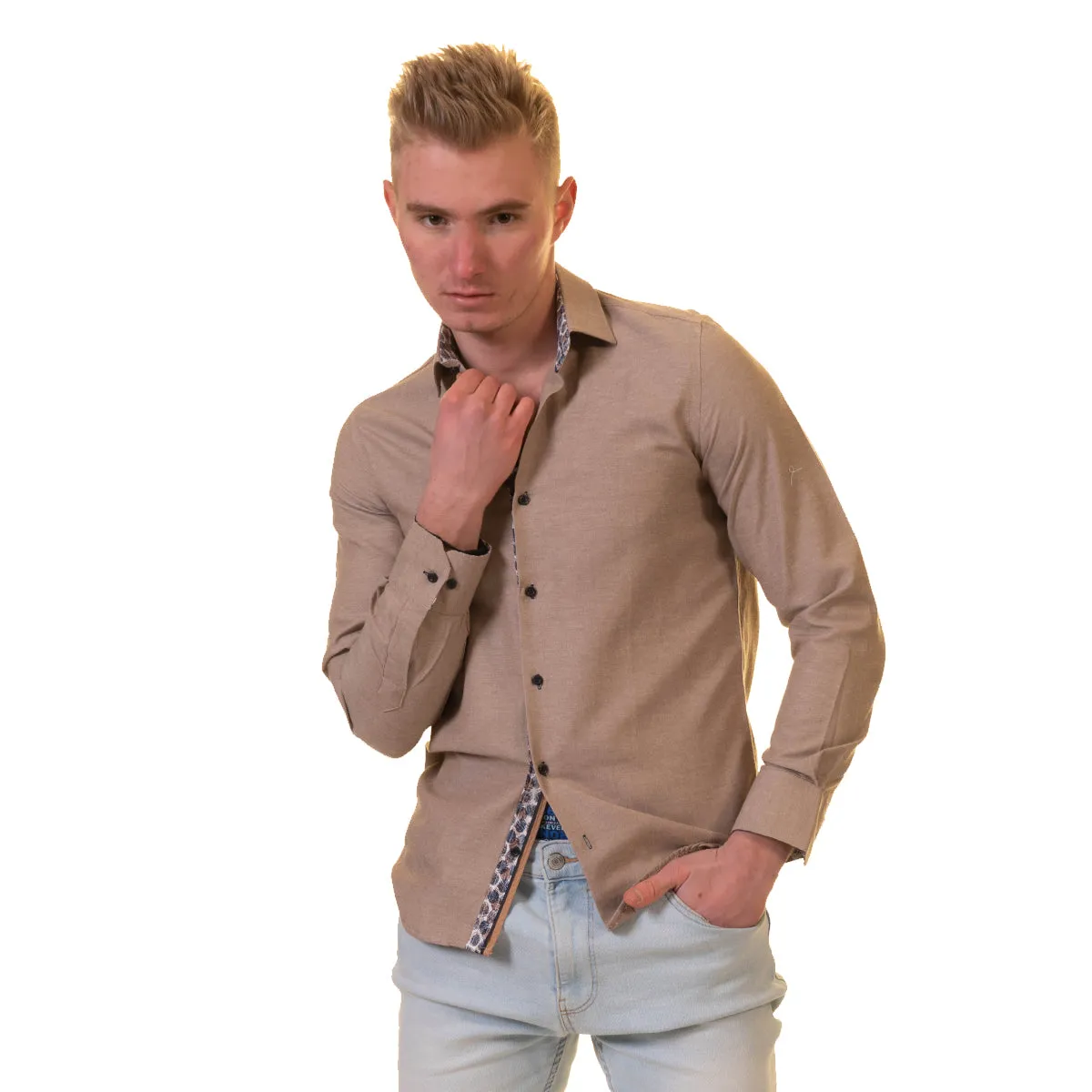 Brown Mens Slim Fit Designer Dress Shirt - tailored Cotton Shirts for Work
