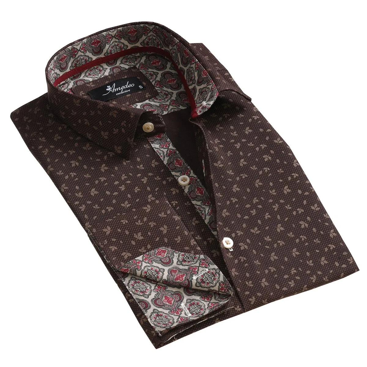 Brown Mens Slim Fit French Cuff Shirts with Cufflink Holes - Casual and Formal