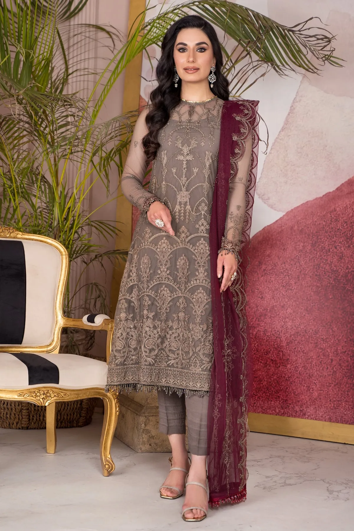 Brown Pakistani Kameez in Capri Style Party Wear