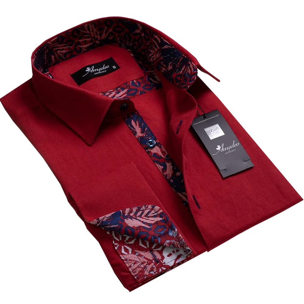 Burgundy Floral Mens Slim Fit French Cuff Shirts with Cufflink Holes - Casual and Formal