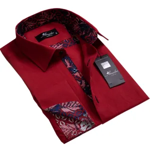 Burgundy Floral Mens Slim Fit French Cuff Shirts with Cufflink Holes - Casual and Formal