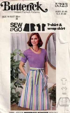 Butterick 5323 EASY Womens Stretch T Shirt & Wrap Skirt with Pockets 1970s Vintage Sewing Pattern Size 14 Bust 36 inches