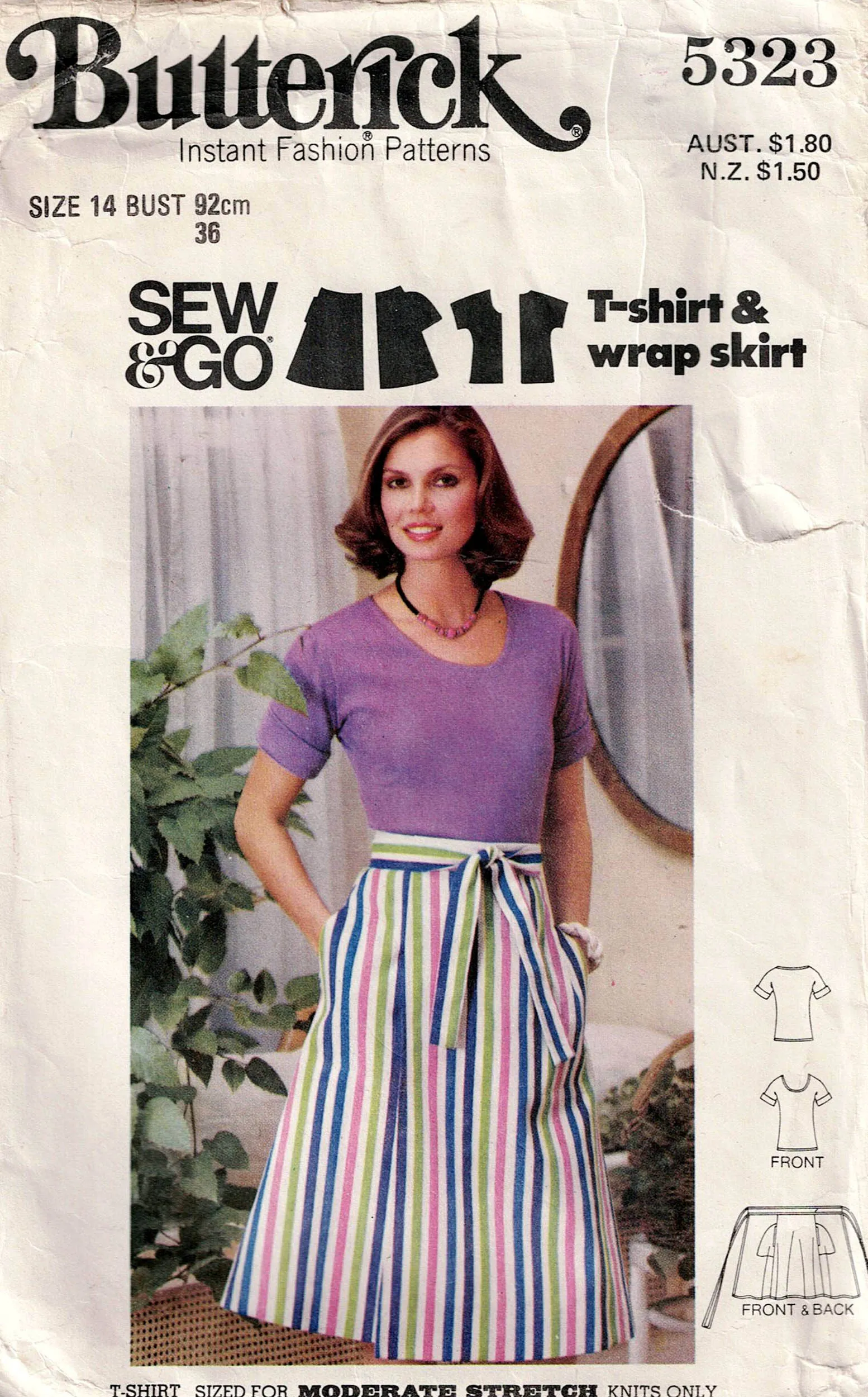 Butterick 5323 EASY Womens Stretch T Shirt & Wrap Skirt with Pockets 1970s Vintage Sewing Pattern Size 14 Bust 36 inches