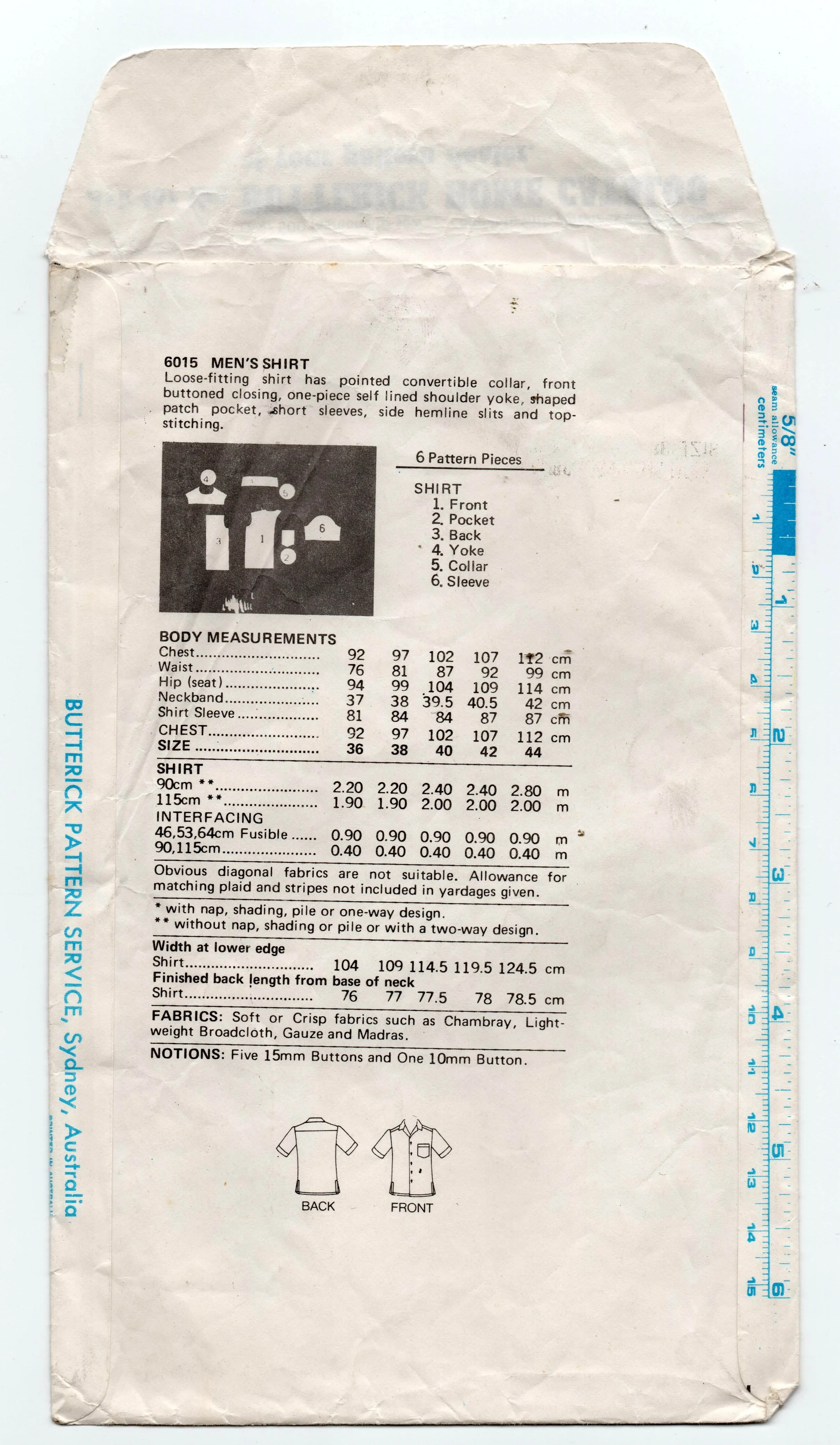Butterick 6015 Mens EASY Retro Short Sleeved Shirt 1970s Vintage Sewing Pattern Chest 38 inches