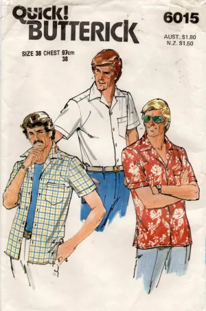 Butterick 6015 Mens EASY Retro Short Sleeved Shirt 1970s Vintage Sewing Pattern Chest 38 inches