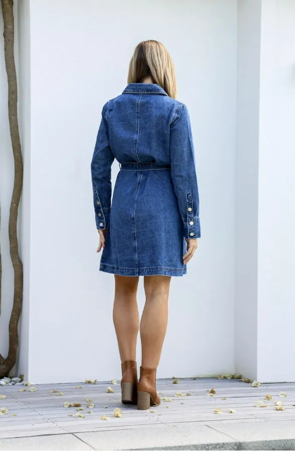 Button Cuff Tie Denim Dress