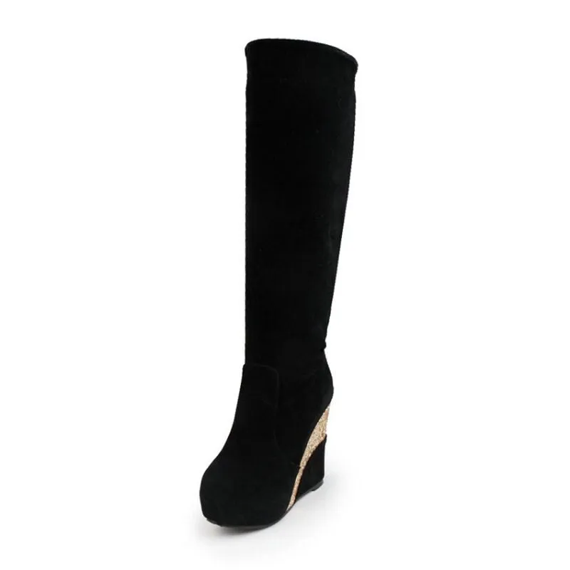 Calf Boots Women Flock Boots Black Snow Boots