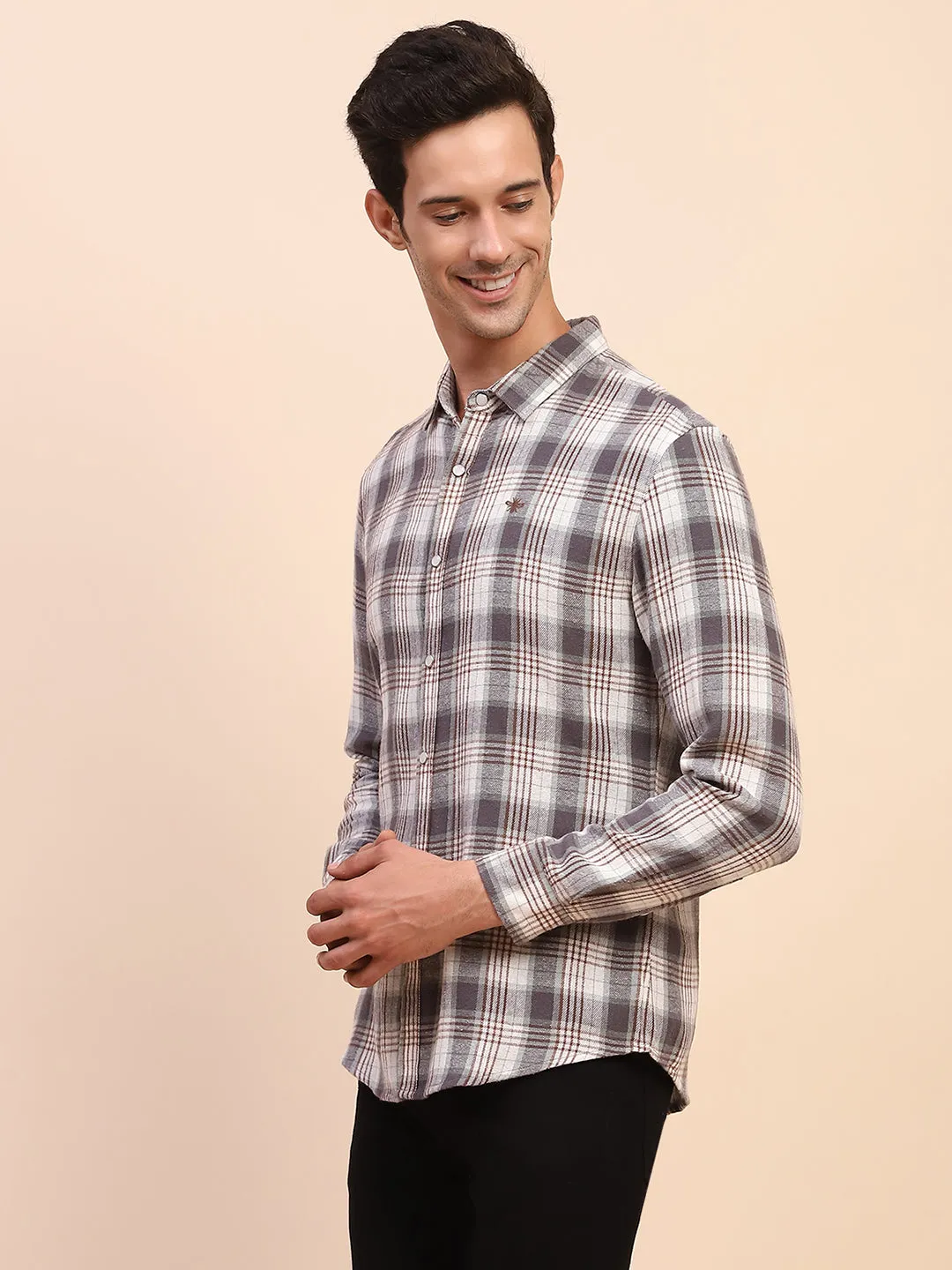 Camla Barcelona Checkered Button Down Off White Cotton Shirt