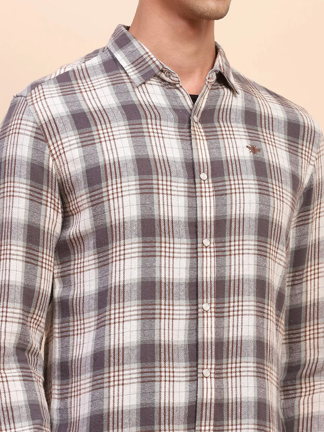 Camla Barcelona Checkered Button Down Off White Cotton Shirt