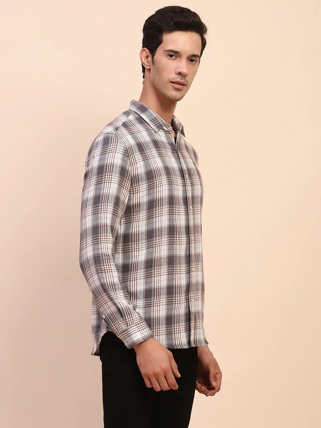 Camla Barcelona Checkered Button Down Off White Cotton Shirt