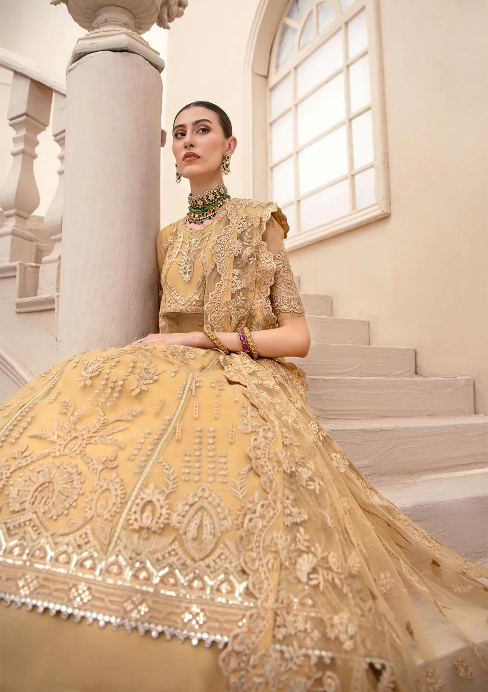 Caramel Yellow Embroidered Pakistani Pishwas Frock Sharara Dress