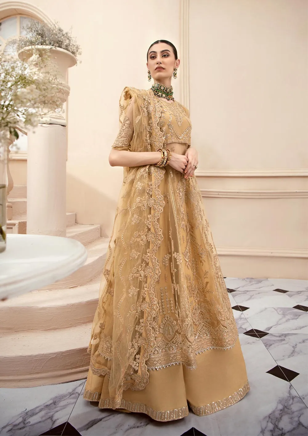 Caramel Yellow Embroidered Pakistani Pishwas Frock Sharara Dress