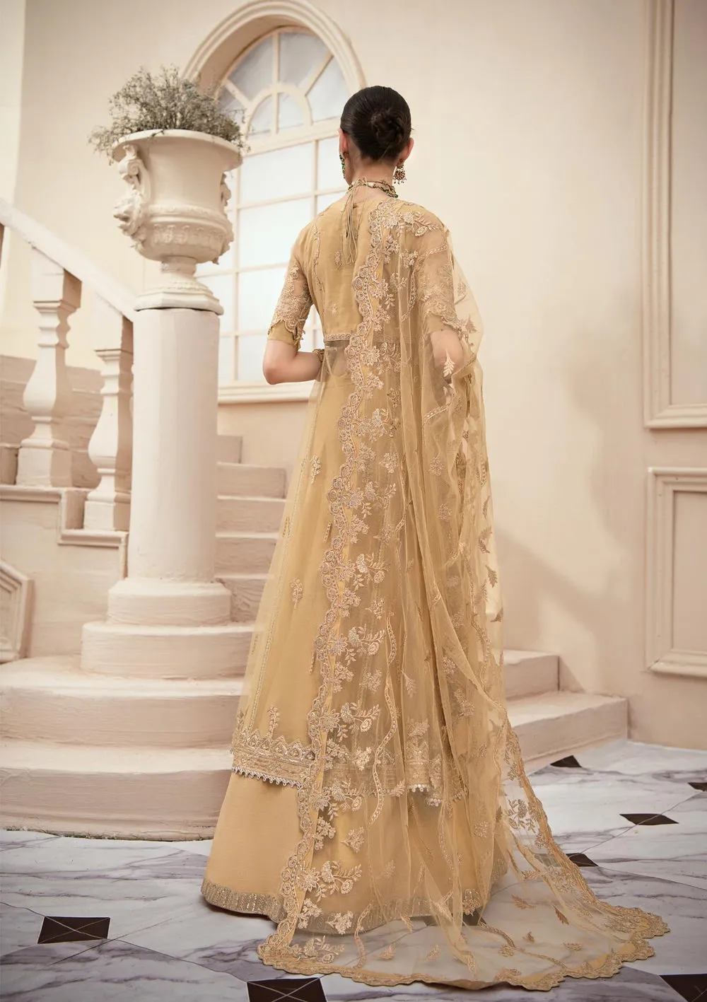 Caramel Yellow Embroidered Pakistani Pishwas Frock Sharara Dress