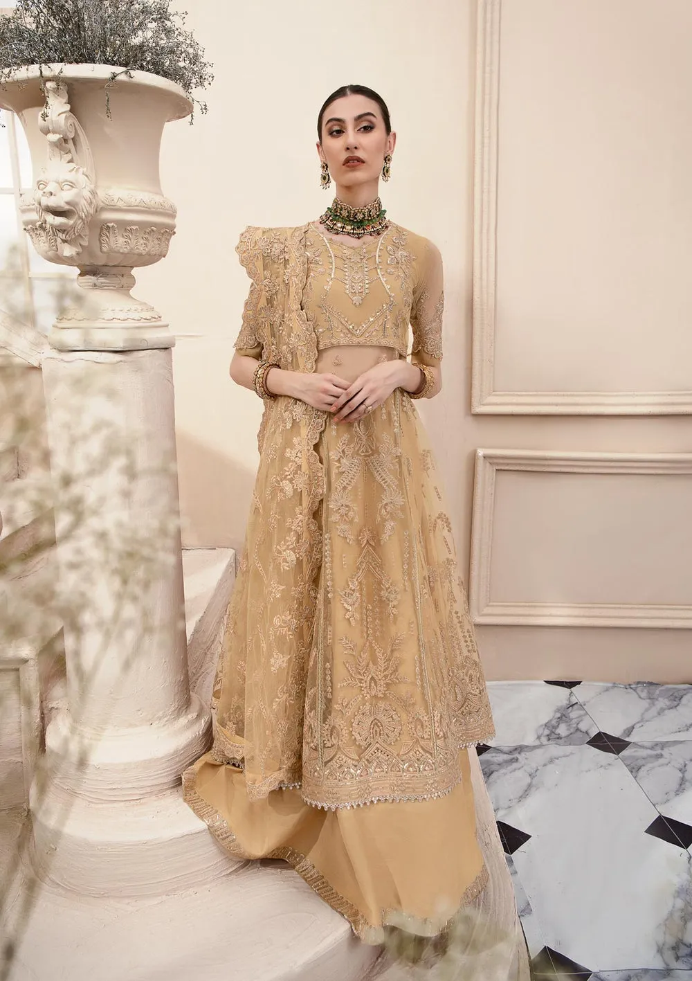 Caramel Yellow Embroidered Pakistani Pishwas Frock Sharara Dress