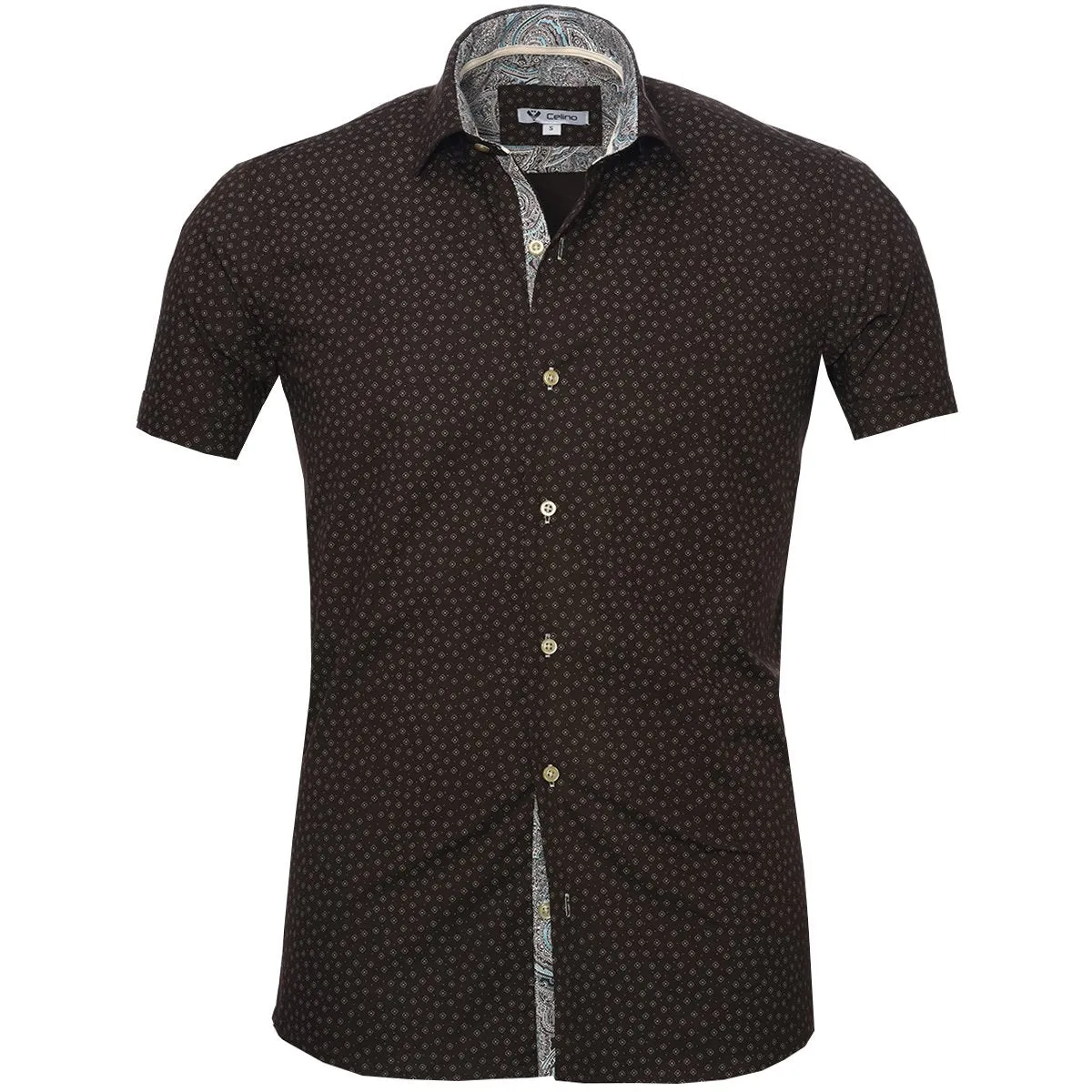 Chocolate Brown Blue Paisley Short Sleeve Button up Shirts for Men - Tailored Slim Fit Cotton