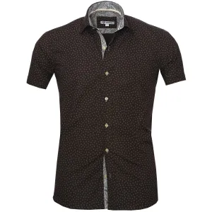 Chocolate Brown Blue Paisley Short Sleeve Button up Shirts for Men - Tailored Slim Fit Cotton