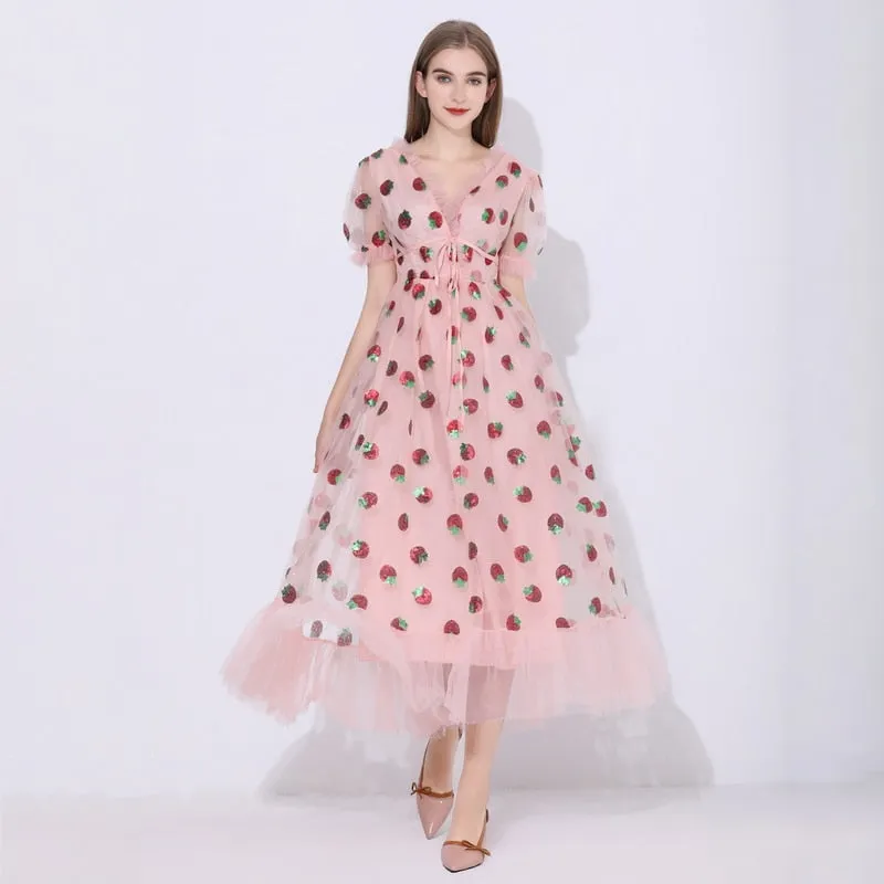 CityHottie - Maxi Dresses For Women Summer Strawberry Dress Plus Size Mesh Robe Sexy Party Club Elegant Female Casual Dresses Vestidos