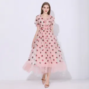 CityHottie - Maxi Dresses For Women Summer Strawberry Dress Plus Size Mesh Robe Sexy Party Club Elegant Female Casual Dresses Vestidos