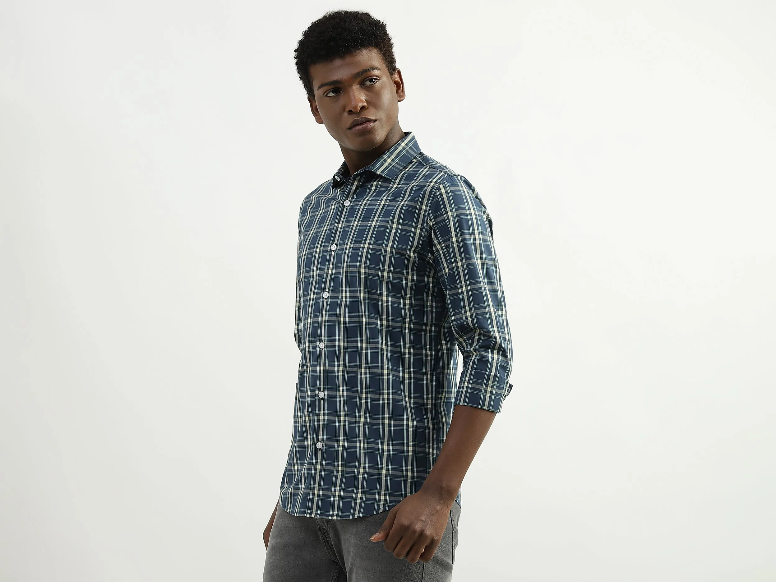 Cotton Checked Cutaway Collar Mens Shirts