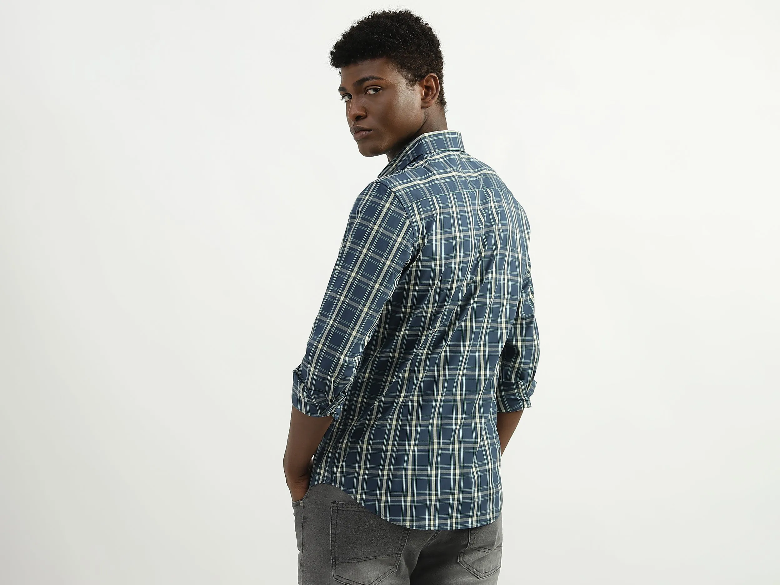 Cotton Checked Cutaway Collar Mens Shirts