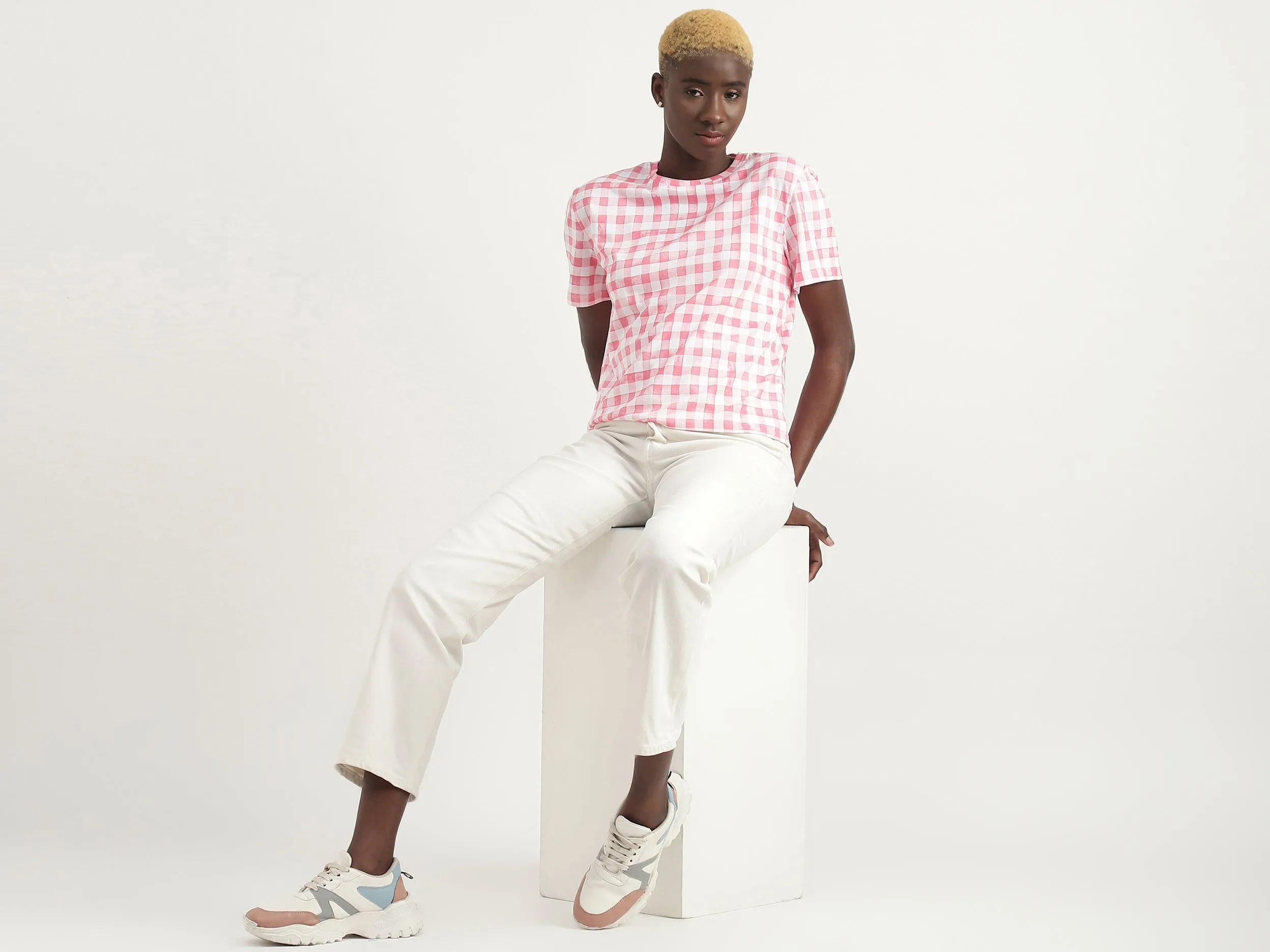 Cotton Checked Round Neck Women T-shirts