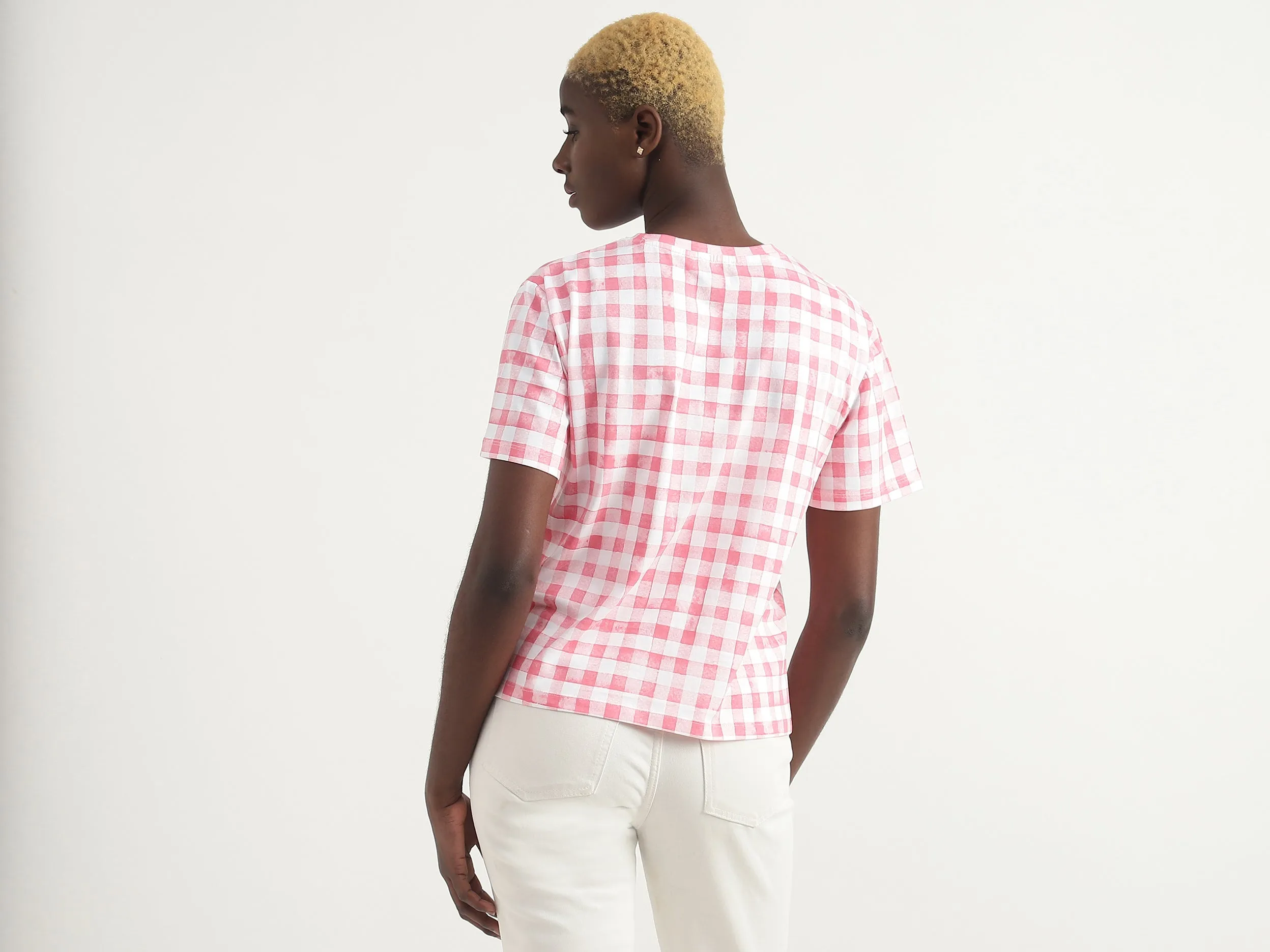 Cotton Checked Round Neck Women T-shirts