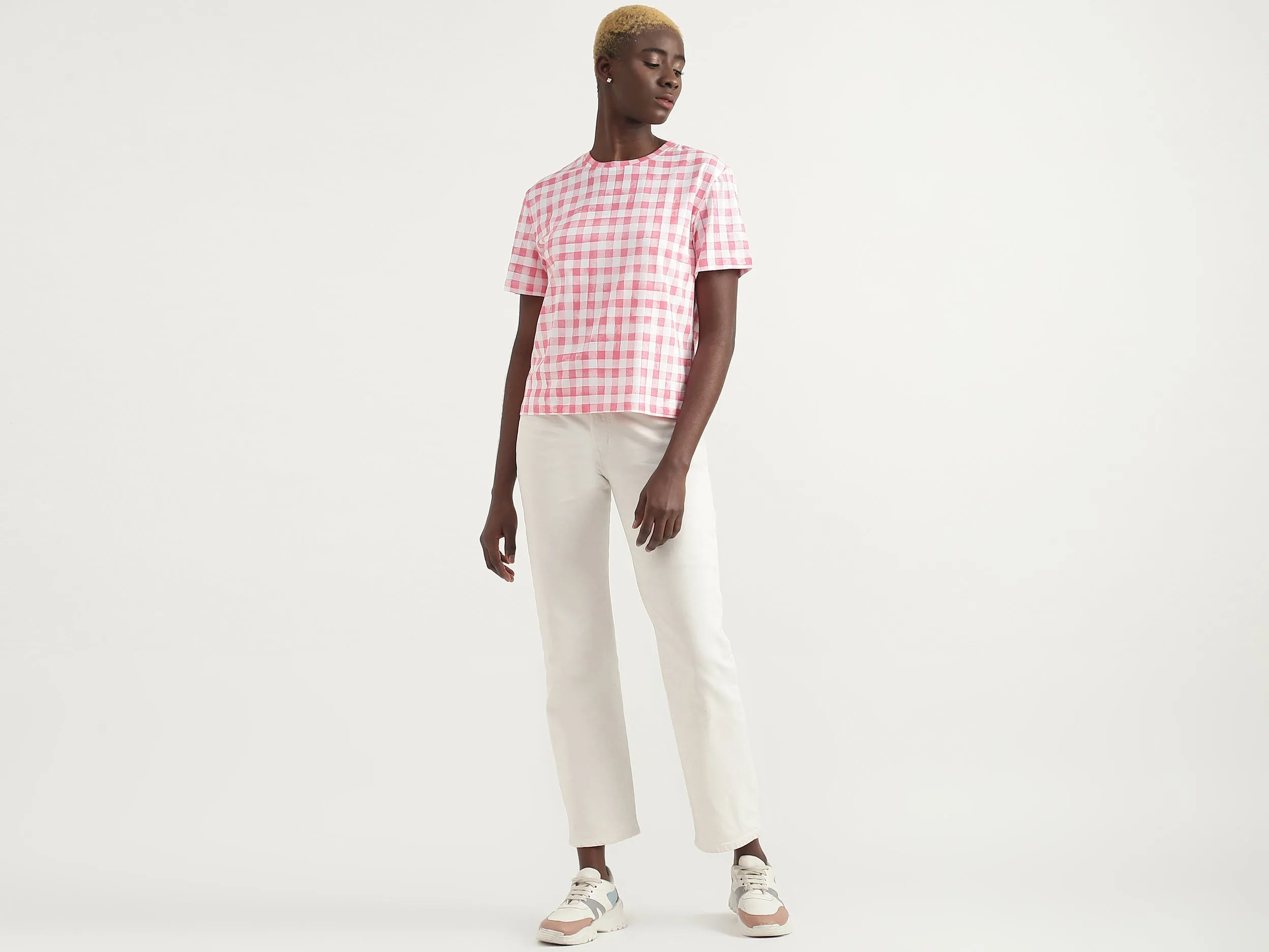 Cotton Checked Round Neck Women T-shirts